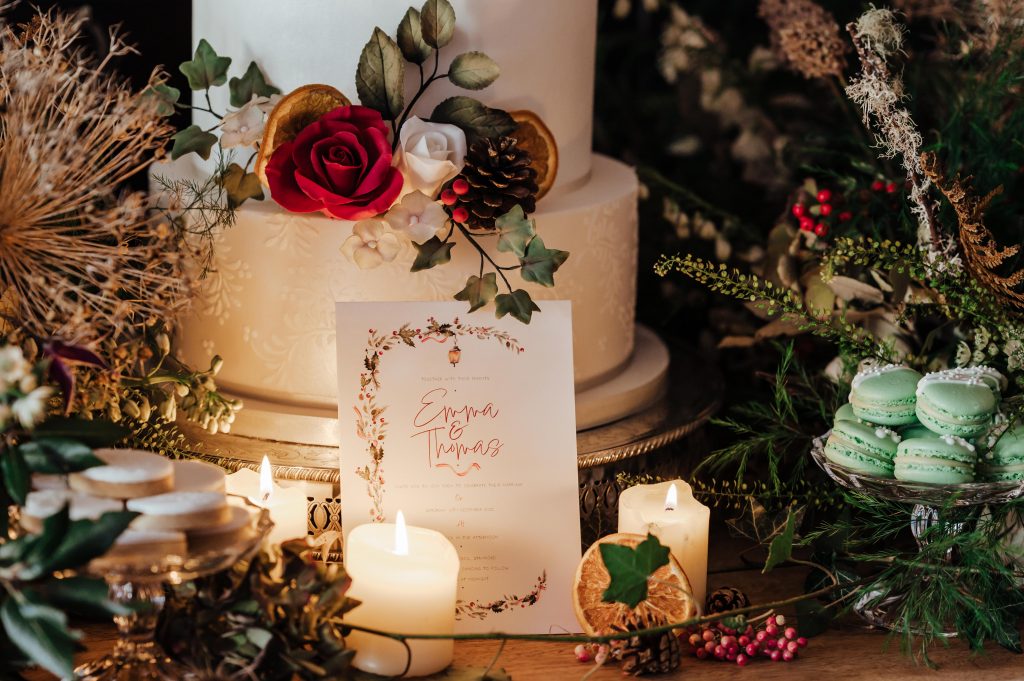 A wedding at the William Cecil, Stamford. Christmas wedding Stationery. Feature bride and flowers